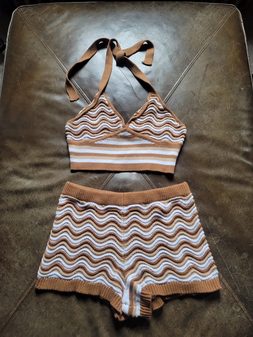No Boundaries Brown and White Knit Halter Top & Shorts Set